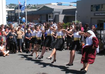 Greek dancers in front of the Wellington Greek Church