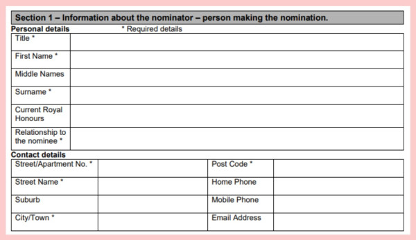 Screenshot of Honours Nomination form showing section 1 - Information about the nominator and the details that need to be filled in